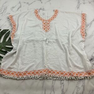 Mott50 Womens Swim Cover Up Tunic Dress Size L/XL White Orange UPF 50 Pompom